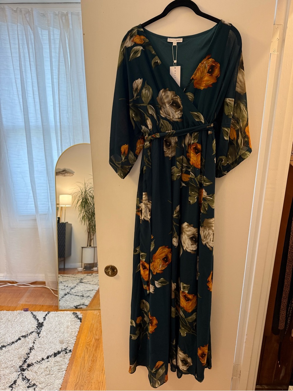 Baltic Born Dark Green Floral Wrap Maxi Dress with Orange & Cream Blooms